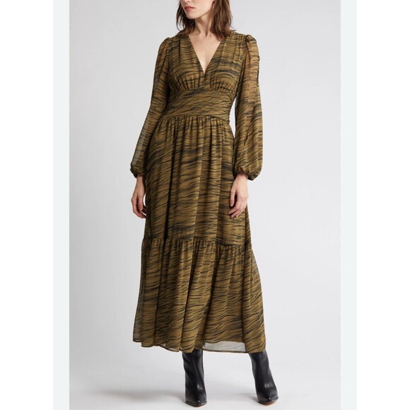 Chelsea28 Split Long Sleeve Tiered Dress In Olive Black Geode Stripe Sz M New - Picture 2 of 11